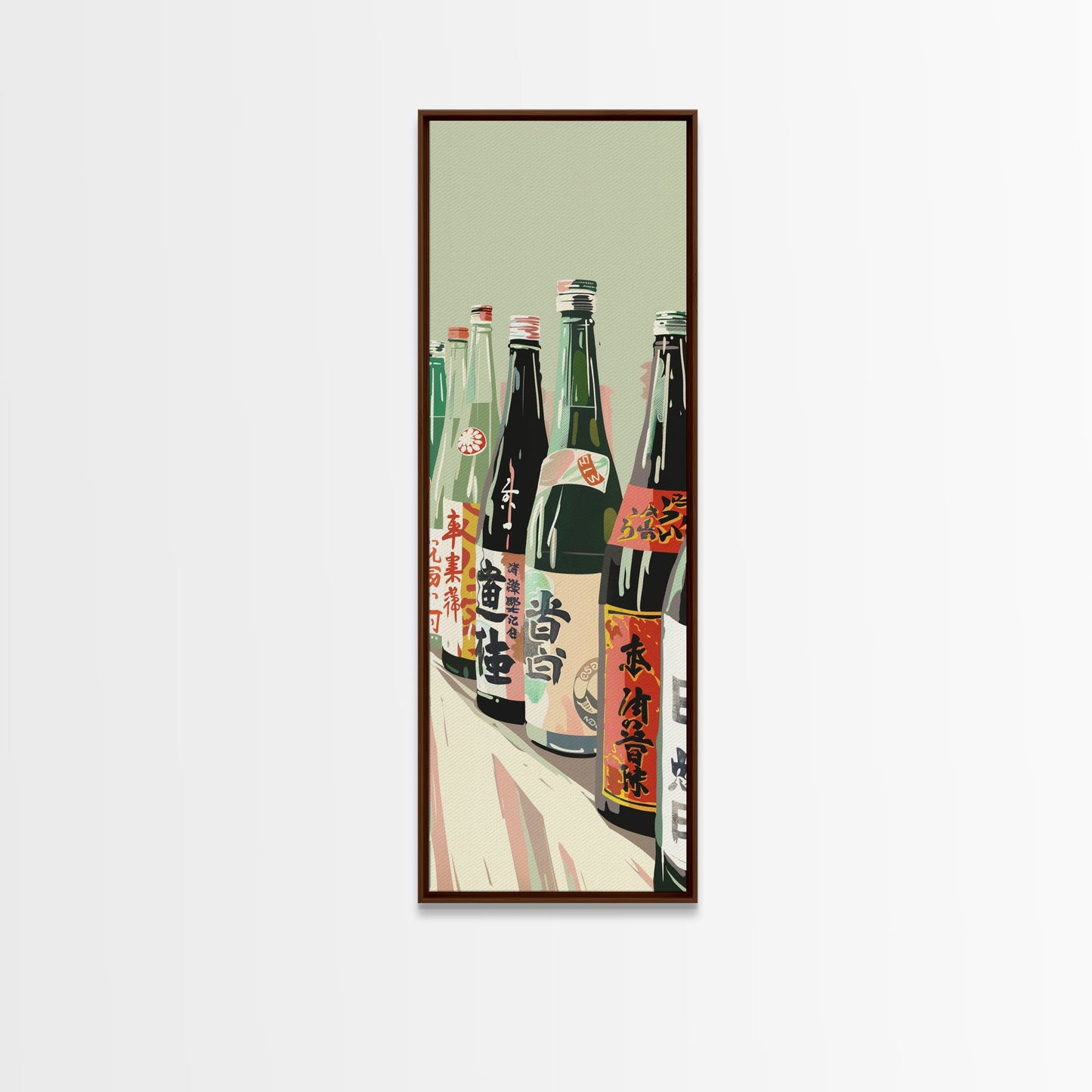 Array Of Japanese Sake Bottles With Minimalistic Labels Arranged Simple Composition Captured Tall Framed Canvas Print Bar Decor