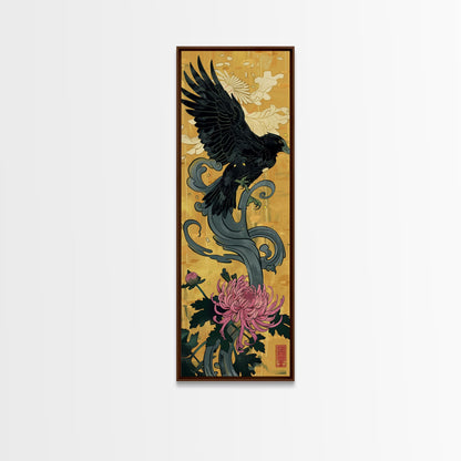 Canvas Print Japanese Eagle In Flight Over Chrysanthemum Flowers, Bold Traditional Art For Statement Wall Piece, Cultural Home Decor