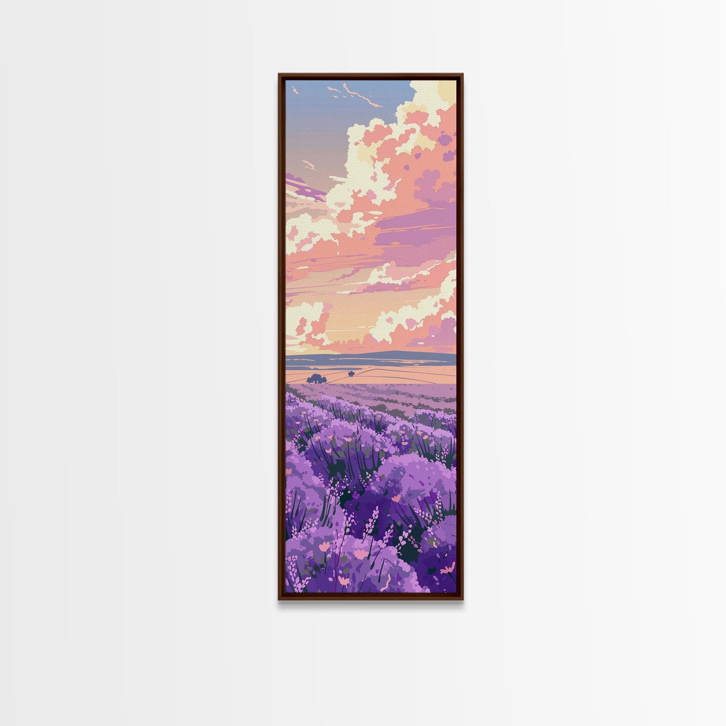 Expansive Lavender Field Beneath a Dramatic Cloudy Sky in Warm Pastel Hues Ukiyo-e Art Japanese Framed Canvas Print Skinny Tall Art