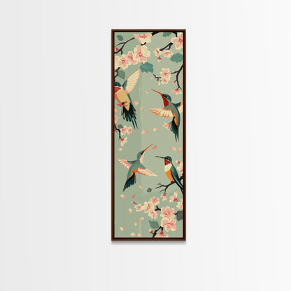 Hummingbirds And Cherry Blossoms In Japanese Style Canvas, Ukiyo-e Inspired Woodblock Art, Framed Canvas Print, Japanese Tall Skinny Wall Art, Ready To Hang