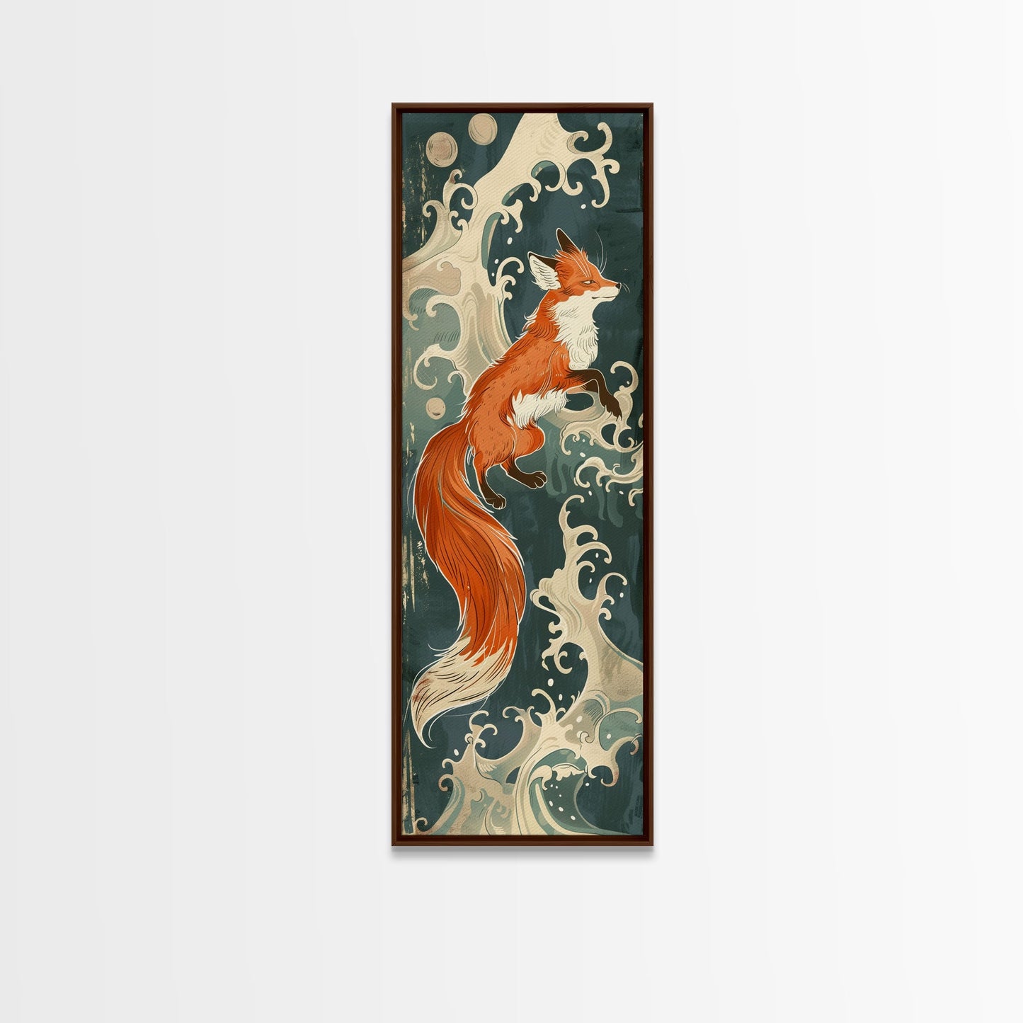 Japanese Style Art Depicting A Fox In Motion Against A Backdrop Of Foamy Waves, Skinny Art, Tall Art, Ukiyo-e Art, Framed Canvas Print, Wood Block Print