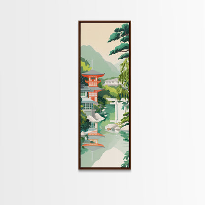 Skinny Art Tall Art Tranquil Japanese Garden Wood Block Print Japanese Style Art With Pagoda Reflected In Water Framed Canvas Print