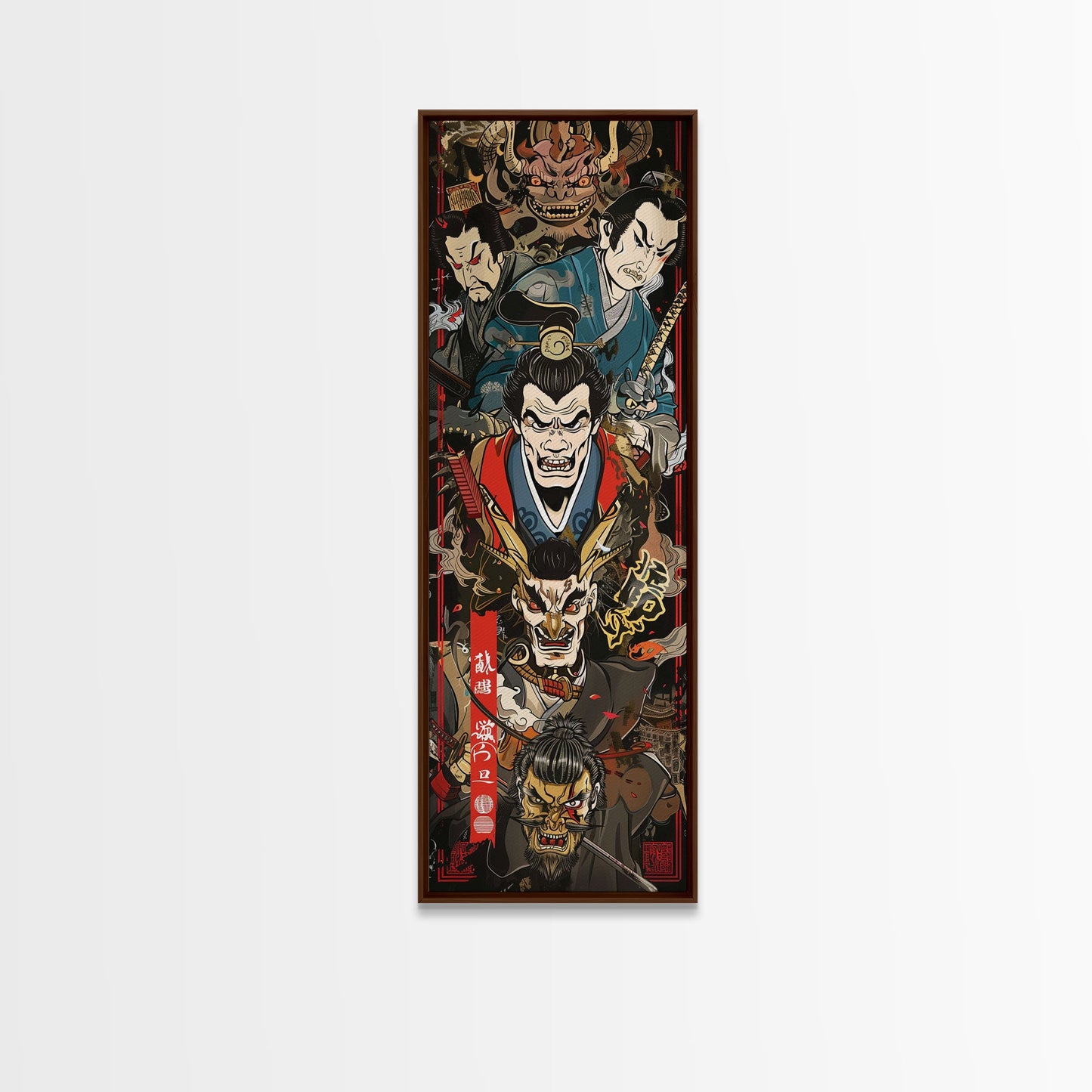 Fierce Samurai Warriors With Oni Mask Tall Art Ukiyo-e Art Wood Block Print Framed Canvas Print