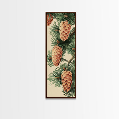 Pinecones And Green Pine Needles Detailed Wood Block Print Skinny Art Framed Canvas Print