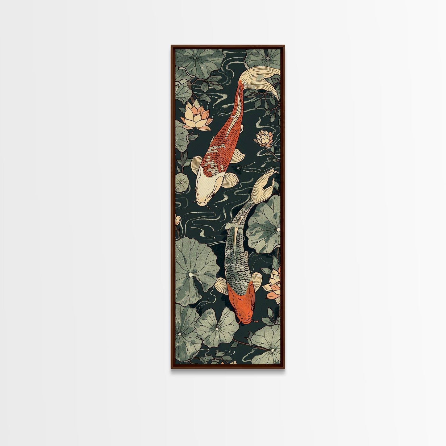 Koi Fish Swimming Gracefully Among Lotus Flowers – Framed Canvas Print Highlighting Skinny Art And Tall Art In Ukiyo-E Art And Japanese Style Art