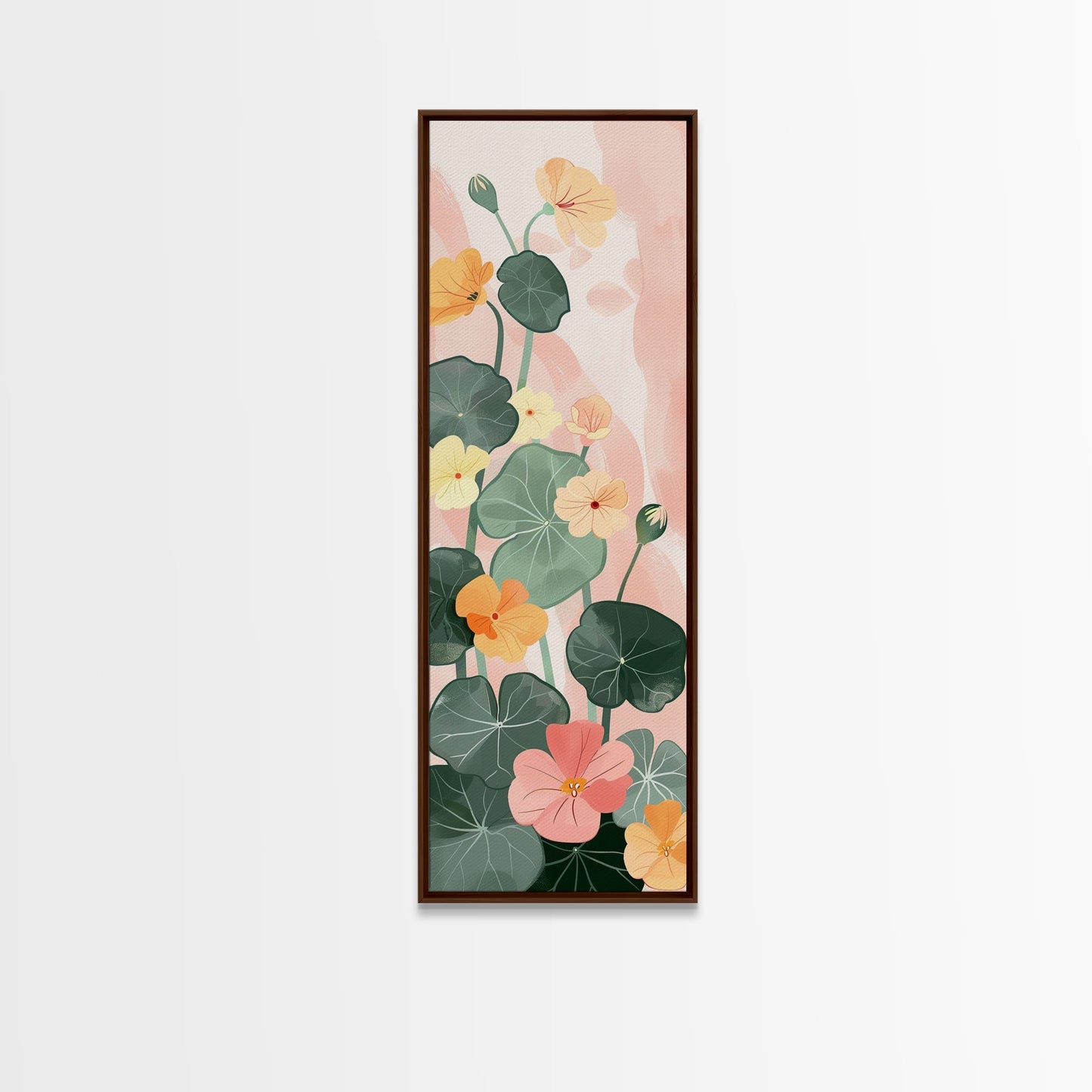 Bright And Colorful Nasturtium Flowers Ukiyo-e Style Tall Skinny Wood Block Japanese Art Framed Canvas Print