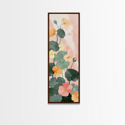 Bright And Colorful Nasturtium Flowers Ukiyo-e Style Tall Skinny Wood Block Japanese Art Framed Canvas Print