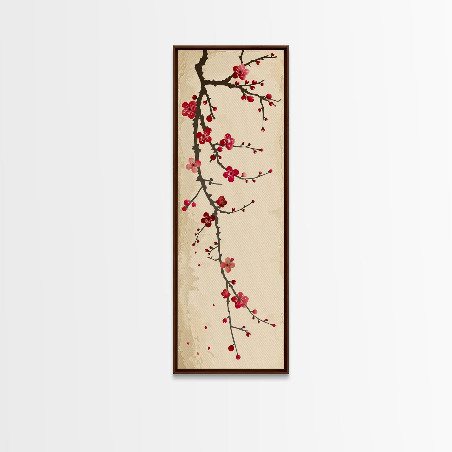 Minimalist Branch Of Red Cherry Blossoms Against Beige Background For Asian-Inspired Wall Art Decor Framed Canvas Print