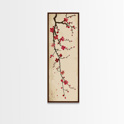 Minimalist Branch Of Red Cherry Blossoms Against Beige Background For Asian-Inspired Wall Art Decor Framed Canvas Print