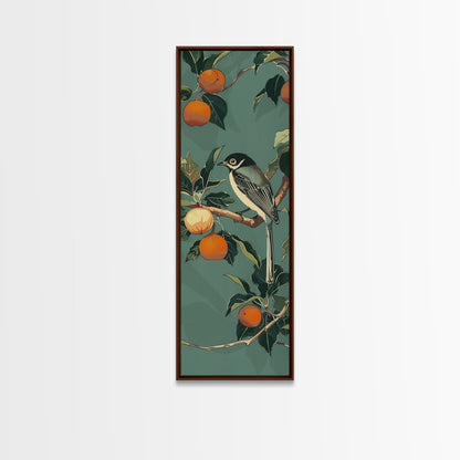 Elegant Bird Among Persimmons On A Green Canvas, Skinny Wall Art With Framed Canvas Print In Japanese Style Art For Feng Shui Decor