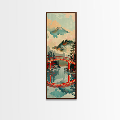 Atemberaubendes Motiv des Berges Fuji mit Spiegelung der roten Brücke, schmaler, hoher Leinwanddruck mit Rahmen, japanisches Wandbild im Feng-Shui-Stil