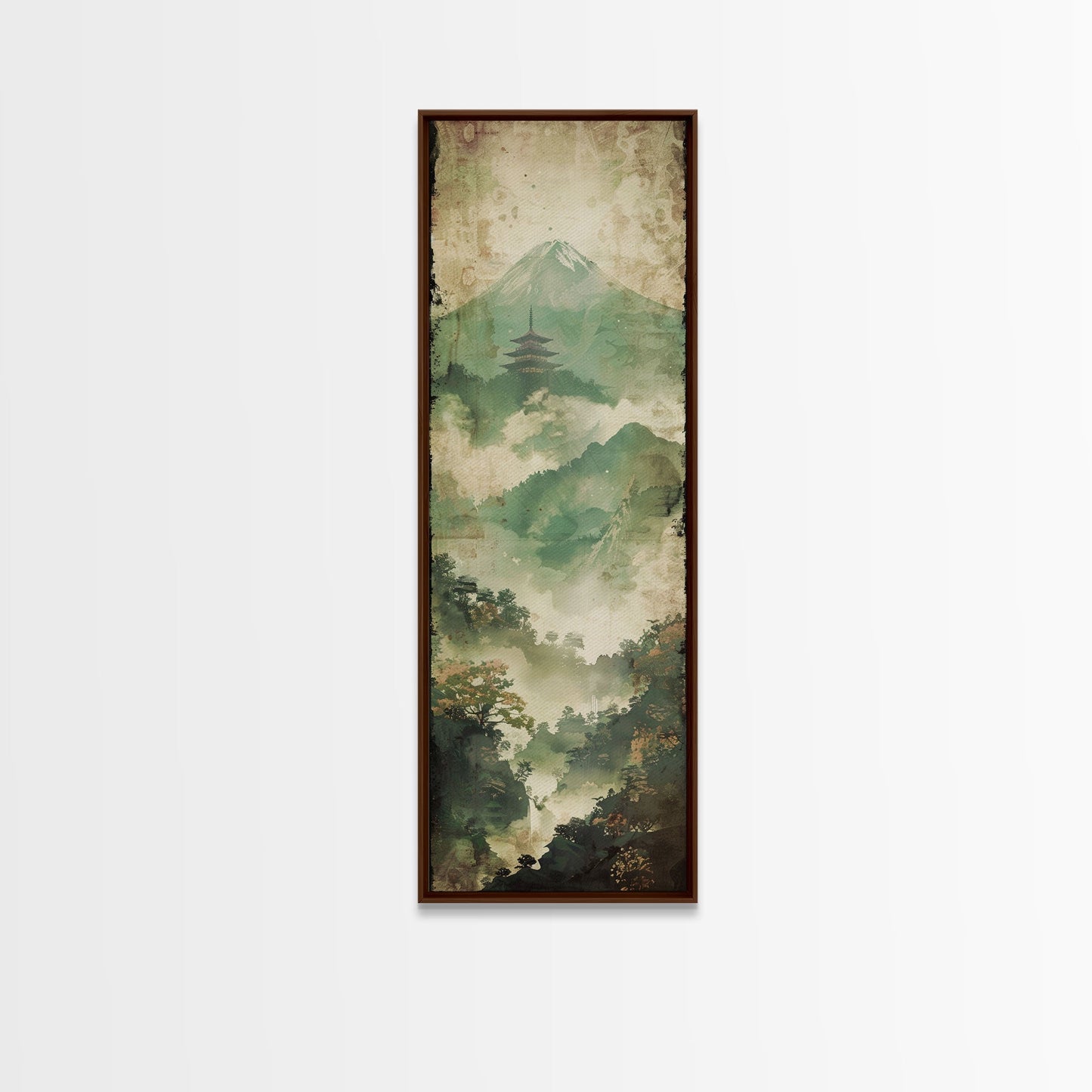 Skinny Art Tall Art Framed Canvas Print Japanese Style Art Foggy Mountain Temple Landscape Wood Block Print Ukiyo-e Feng Shui Wall Art