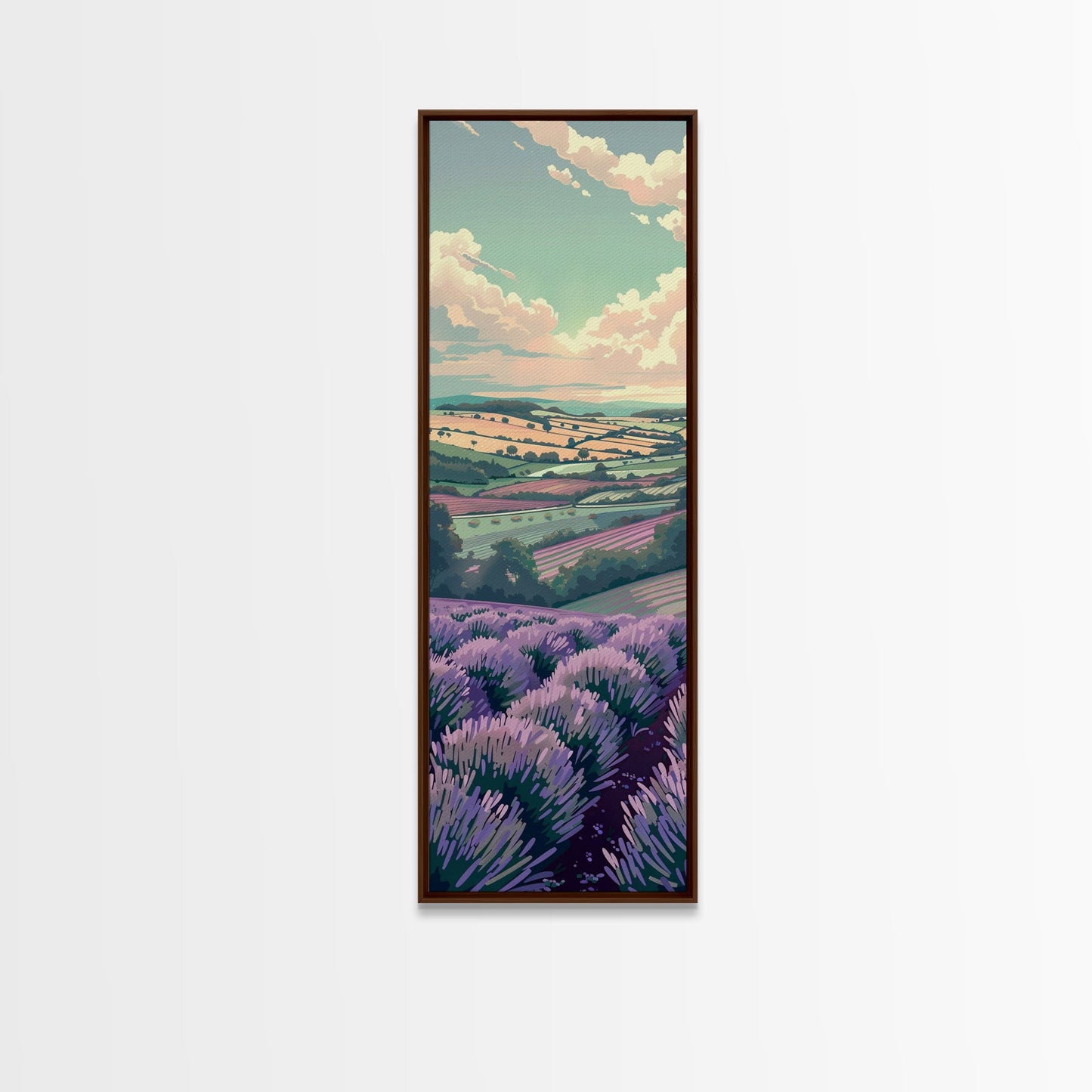 Lavender Fields With Rolling Hills - Skinny Art Tall Art Framed Canvas Print Japanese Style Art Ukiyo-e Art