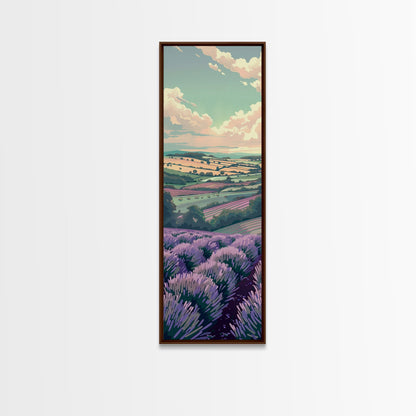 Lavender Fields With Rolling Hills - Skinny Art Tall Art Framed Canvas Print Japanese Style Art Ukiyo-e Art