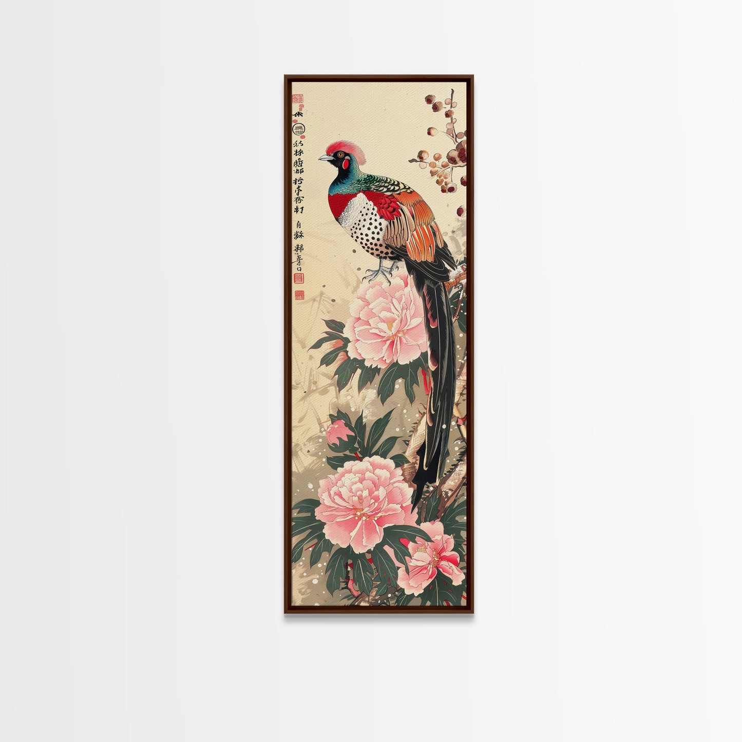 Majestic Pheasant Among Blossoms And Red Berries In Traditional Ukiyo-e Art Framed Canvas Print Japanese Style Skinny Art Tall Art