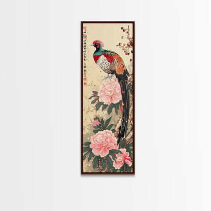 Majestic Pheasant Among Blossoms And Red Berries In Traditional Ukiyo-e Art Framed Canvas Print Japanese Style Skinny Art Tall Art