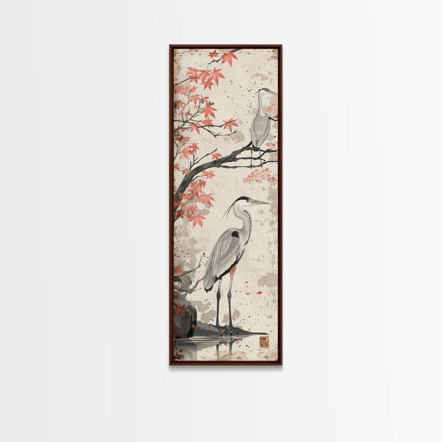 Herons On Autumn Branches Skinny Art Wood Block Print Japanese Style Art Framed Canvas Print Tall Art Ukiyo-e Art