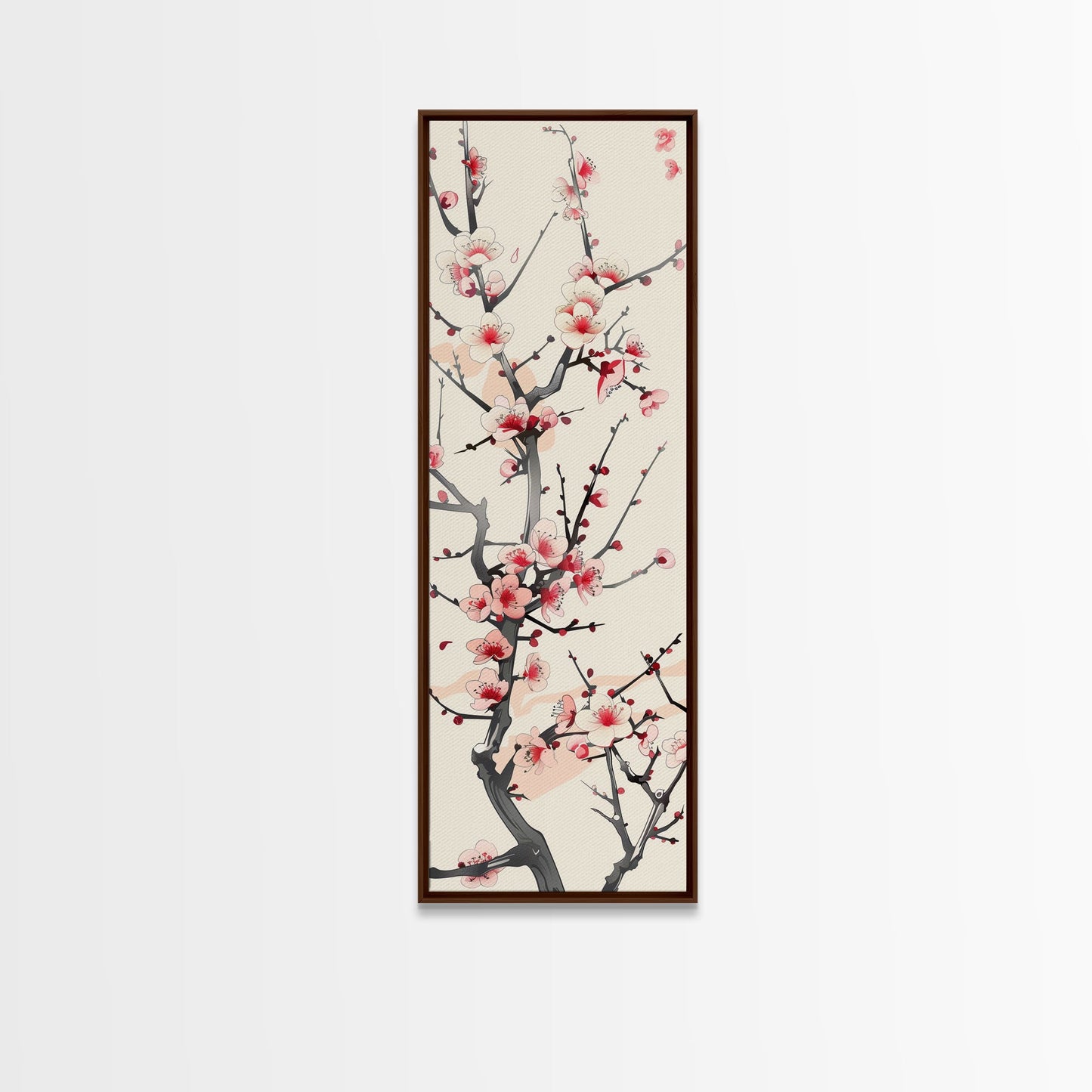 Delicate Plum Blossoms Skinny Art Tall Art Japanese Ukiyo-e Inspired Botanical Framed Canvas Print for Sophisticated Interiors