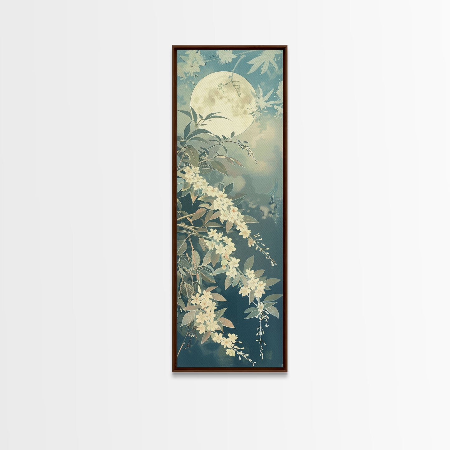 Delicate White Flowers and Full Moon in a Tranquil Night Setting - Skinny Art, Japanese Wall Decor, Framed Canvas Print, Ukiyo-e Style