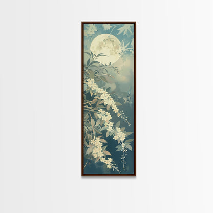 Delicate White Flowers and Full Moon in a Tranquil Night Setting - Skinny Art, Japanese Wall Decor, Framed Canvas Print, Ukiyo-e Style