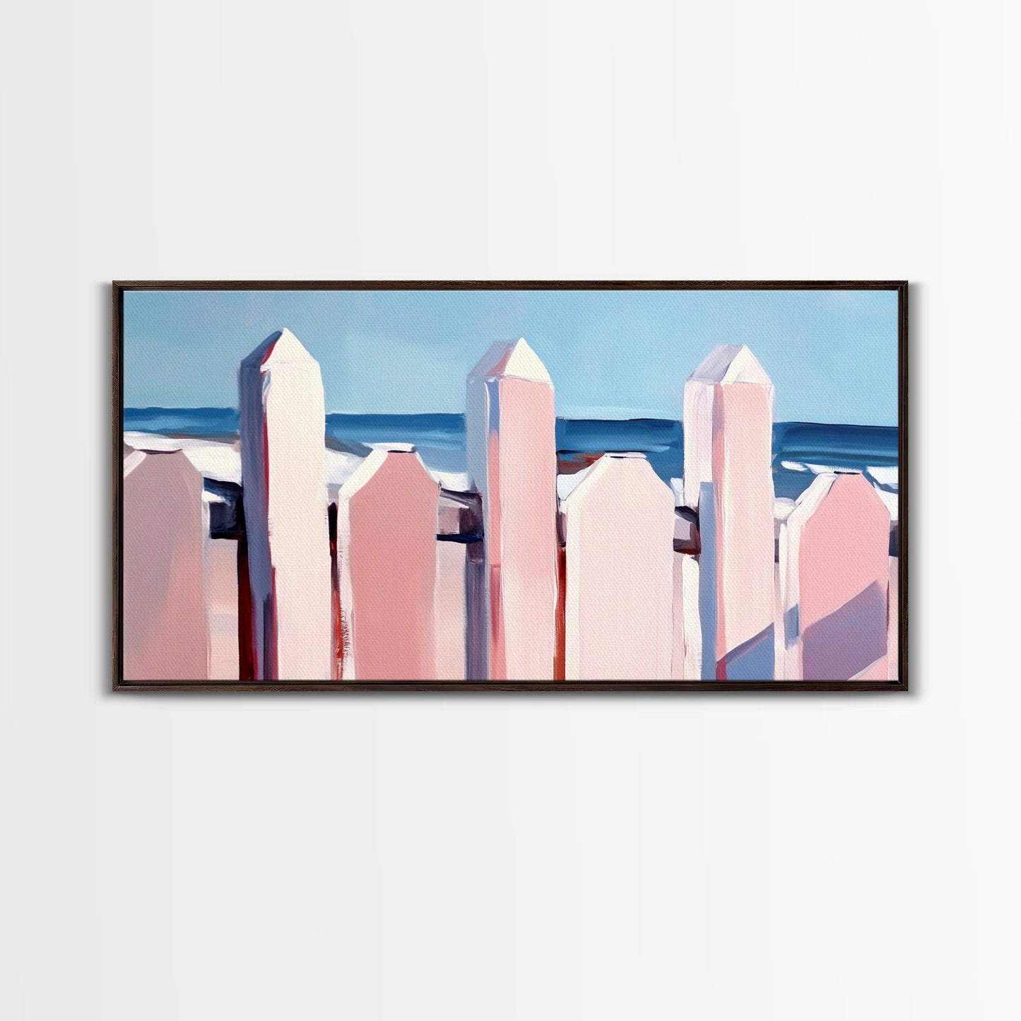 Beach Fence Painting, Coastal Landscape Art, Nautical Wall Decor, Soft Pastel Colors, Framed Canvas Print, Extra Wide Art, Seaside Home