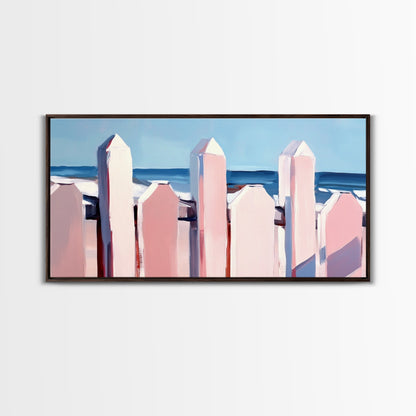 Beach Fence Painting, Coastal Landscape Art, Nautical Wall Decor, Soft Pastel Colors, Framed Canvas Print, Extra Wide Art, Seaside Home