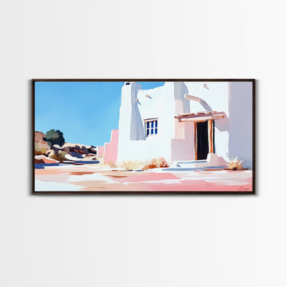 Adobe house, southwest art, rustic decor, framed canvas print, landscape painting, minimalist art, extra wide art, Joshua tree art