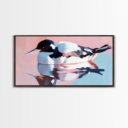 Waterfowl Reflection, bird art, lake Tahoe art, coastal painting, wildlife decor, pink orange wall art, framed canvas print