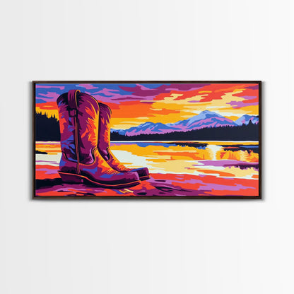 Cowboy boots, lake sunset, mountain painting, rustic western art, farmhouse decor, vibrant colors, extra wide art, canvas print