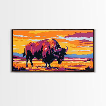Bison Prairie, rustic art, southwest wall art, landscape painting, extra wide art, panoramic painting, farmhouse art, Framed Canvas Print