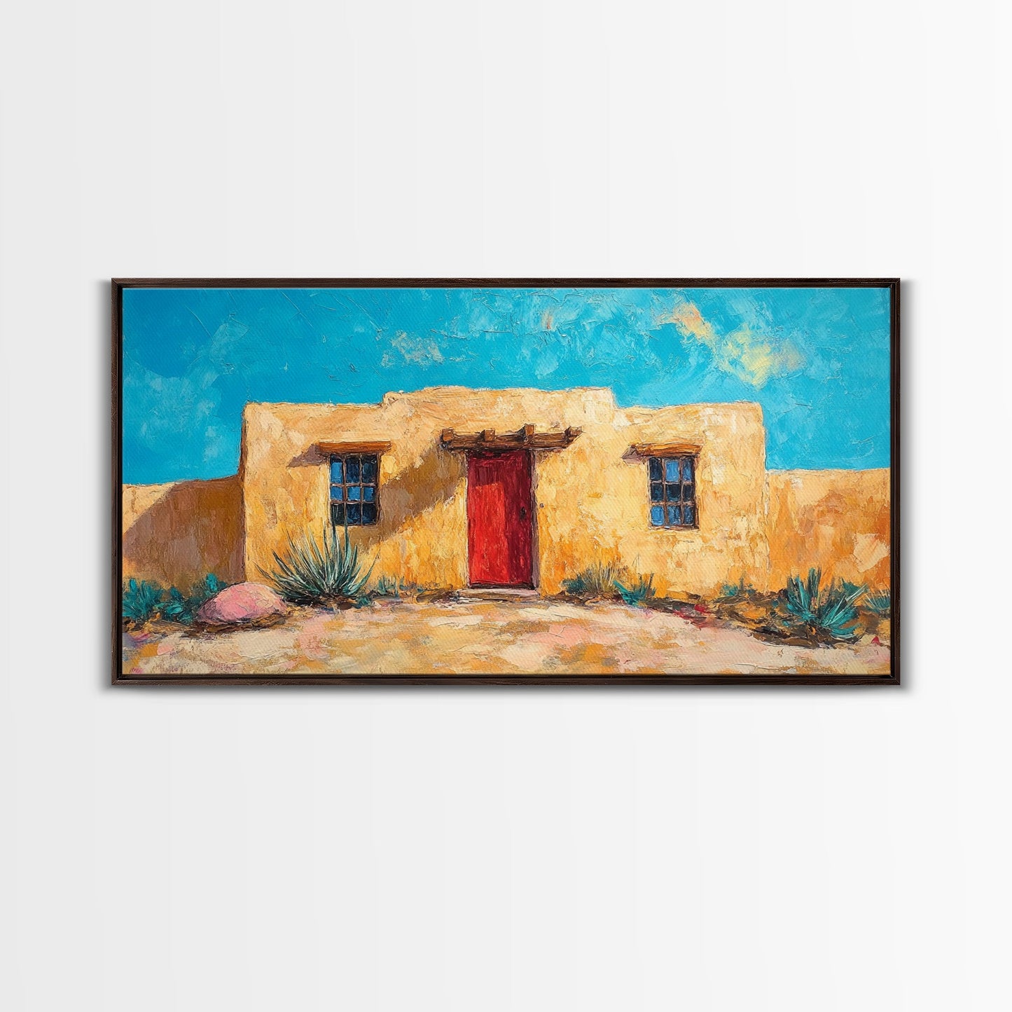 Pueblo Village, Moon Oil Painting, Southwest Wall Art, Rustic Landscape, Moody Art, Extra Wide Art, Desert Scene, Framed Canvas Print