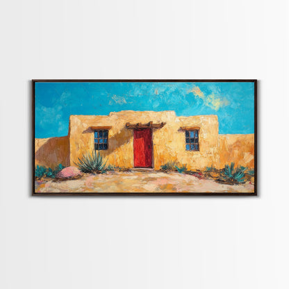 Pueblo Village, Moon Oil Painting, Southwest Wall Art, Rustic Landscape, Moody Art, Extra Wide Art, Desert Scene, Framed Canvas Print