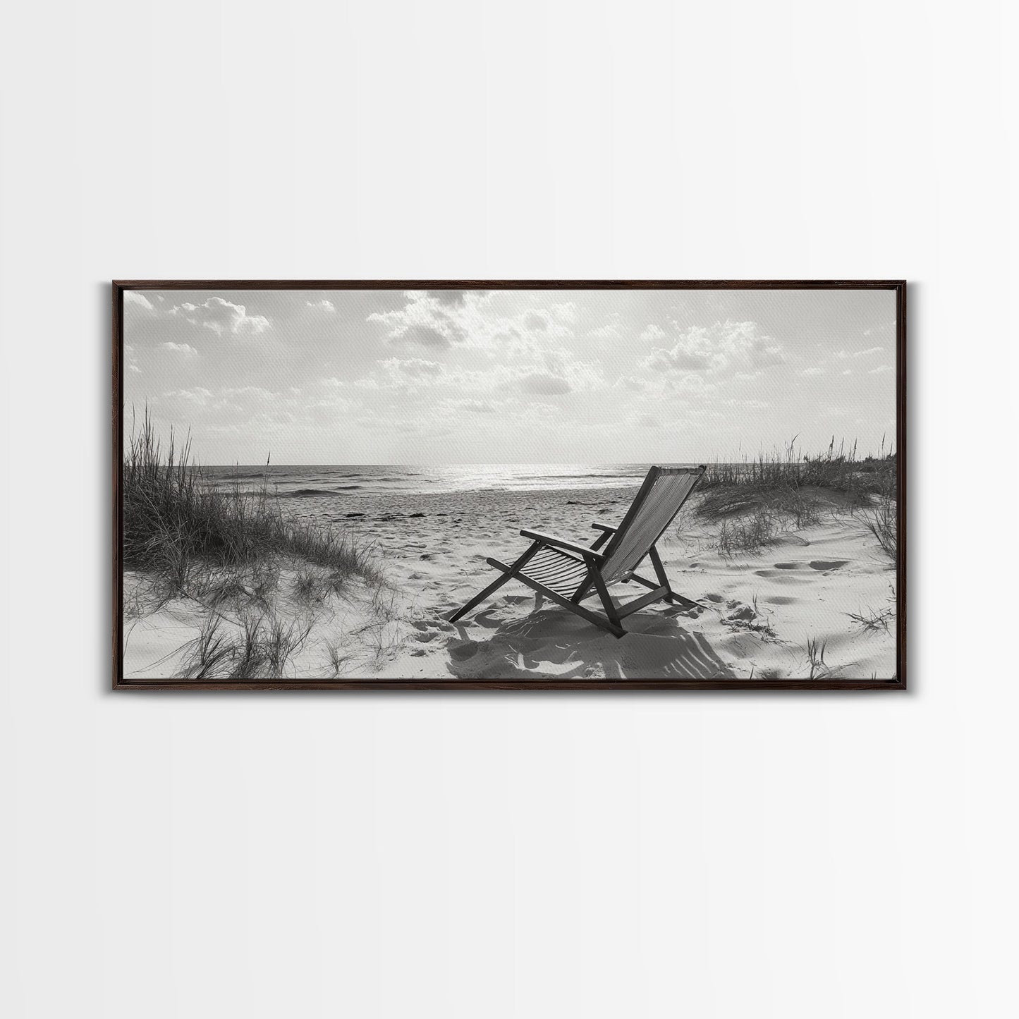 Beach Chair, Coastal Landscape Art, Minimalist Art, Wabi Sabi Art, Ocean View Print, Relaxing Decor, Framed Canvas Print, Nautical Wall Art