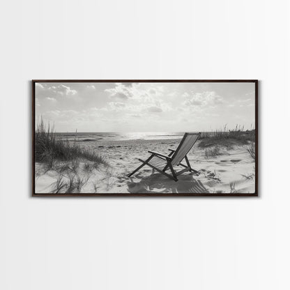 Beach Chair, Coastal Landscape Art, Minimalist Art, Wabi Sabi Art, Ocean View Print, Relaxing Decor, Framed Canvas Print, Nautical Wall Art