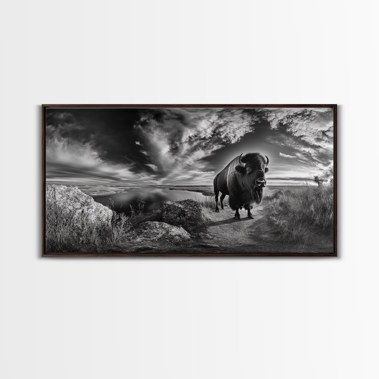 Bison Landscape, Southwest Wall Art, Rustic Wall Art, Moody Art, Panoramic Art, Extra Wide Art, Nature Wall Art, Framed Canvas Print
