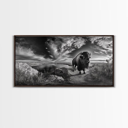 Bison Landscape, Southwest Wall Art, Rustic Wall Art, Moody Art, Panoramic Art, Extra Wide Art, Nature Wall Art, Framed Canvas Print