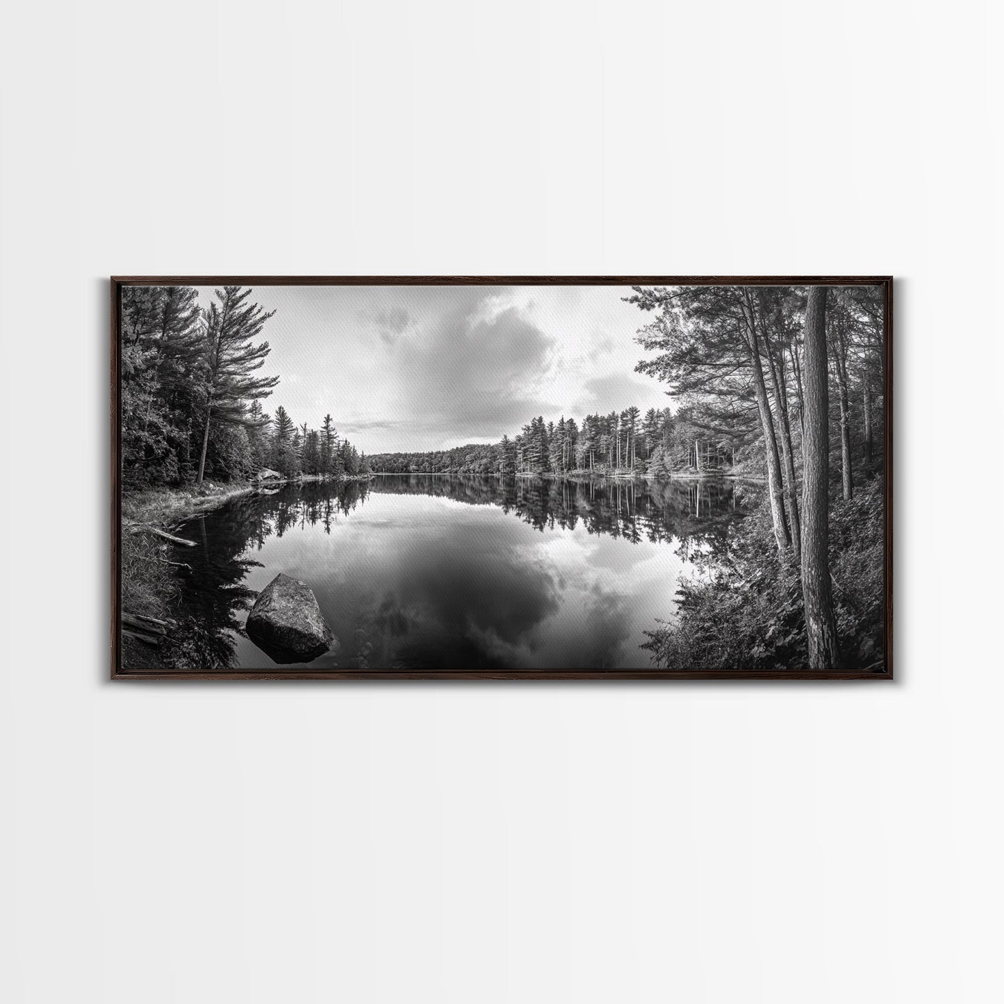 Lake reflection, pine tree art, landscape painting, wabi sabi art, rustic decor, panoramic painting, extra wide art, framed canvas print