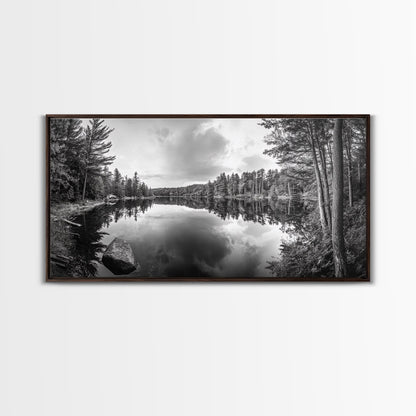 Lake reflection, pine tree art, landscape painting, wabi sabi art, rustic decor, panoramic painting, extra wide art, framed canvas print