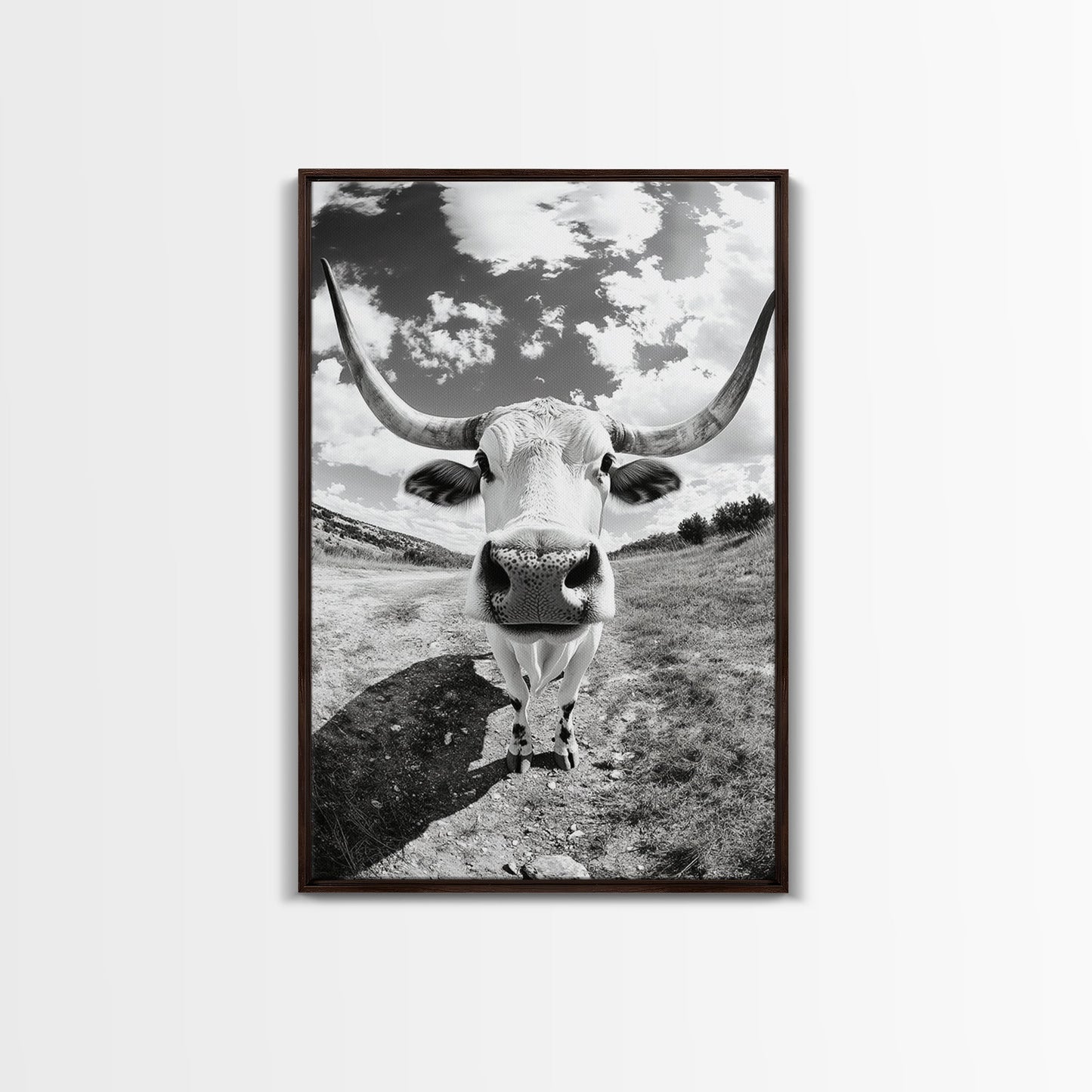 Texas Longhorn Close-up, bull and bear art, western decor, farmhouse art, rustic wall art, cowboy painting, framed canvas print