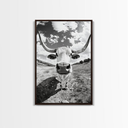 Texas Longhorn Close-up, bull and bear art, western decor, farmhouse art, rustic wall art, cowboy painting, framed canvas print