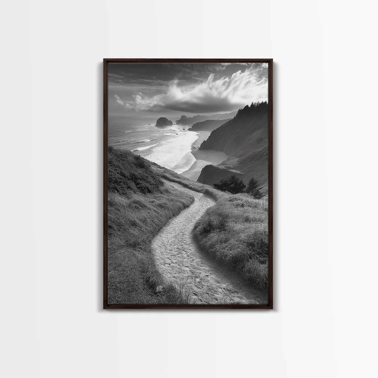 Coastal Pathway, coastal landscape art, seascape painting, nature trail print, ocean decor, beach house art, framed canvas print, nautical decor