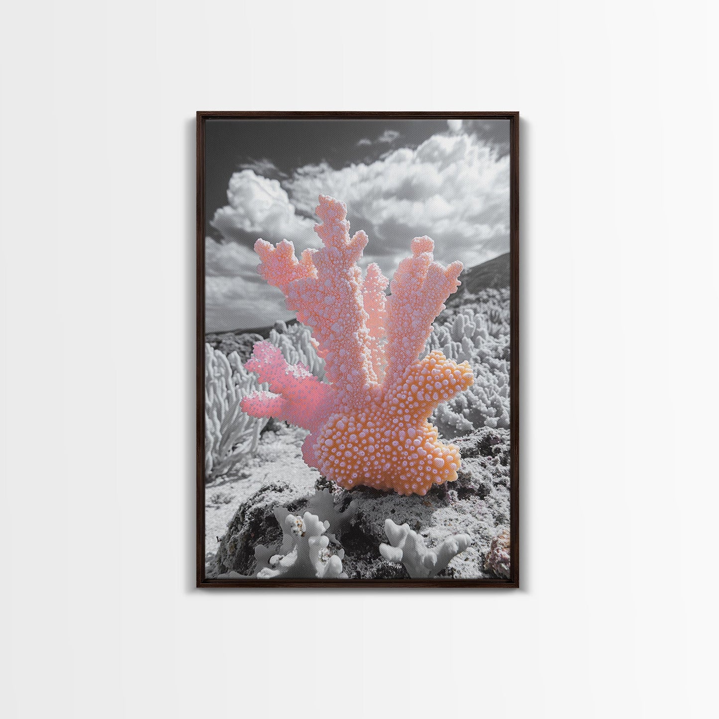 Ocean coral, coastal decor, nautical painting, framed canvas print, marine life art, whimsical ocean scene, tropical beach house wall art