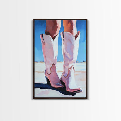 Cowgirl Boots, coastal cowgirl wall art, pink abstract art, rustic art, fashion painting, boho art, framed canvas print, gift idea