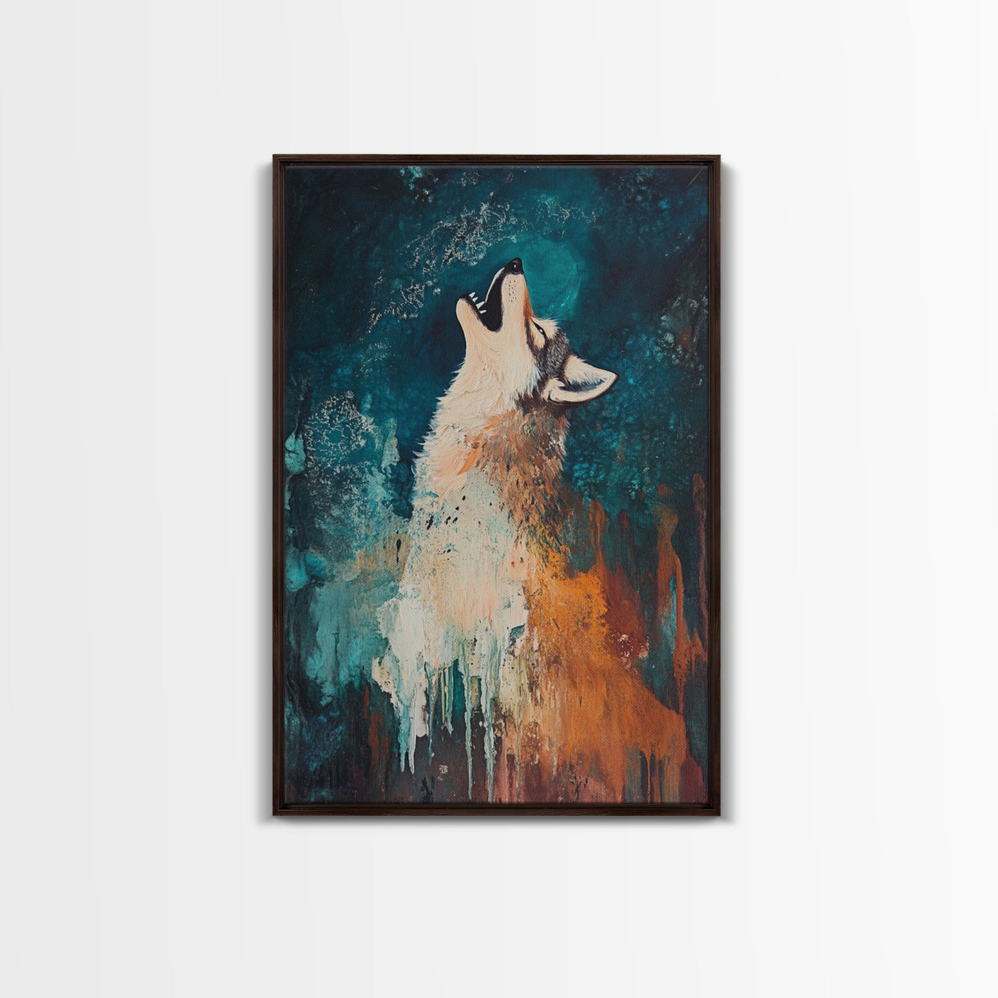Abstract Wolf, howling at moon, moody blue tones, modern rustic art, wildlife painting, framed canvas print, dark romance painting