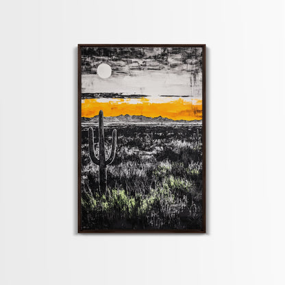 Cactus Sunset, black and white, moody desert art, yellow skyline, Joshua tree art, framed canvas print, extra wide art, rustic decor