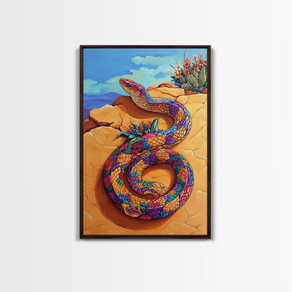 Coiled Snake, Vibrant Snake Art, Desert Landscape, Wildlife Art, Southwest Wall Art, Unique Decor, Framed Canvas Print