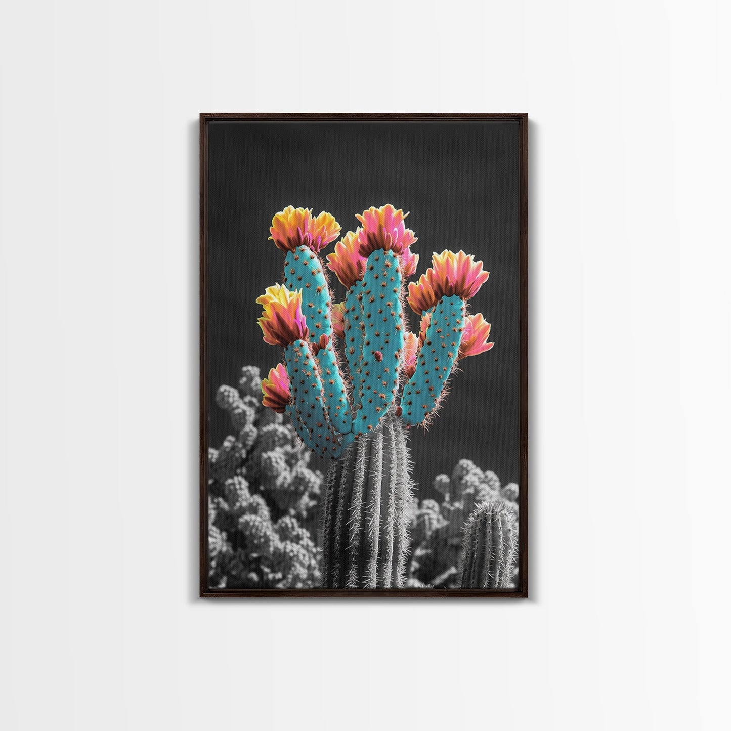 Cactus, desert flowers, vibrant nature art, framed canvas print, boho wall decor, southwest wall art, floral painting, Joshua tree art