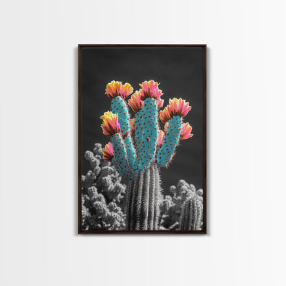 Cactus, desert flowers, vibrant nature art, framed canvas print, boho wall decor, southwest wall art, floral painting, Joshua tree art