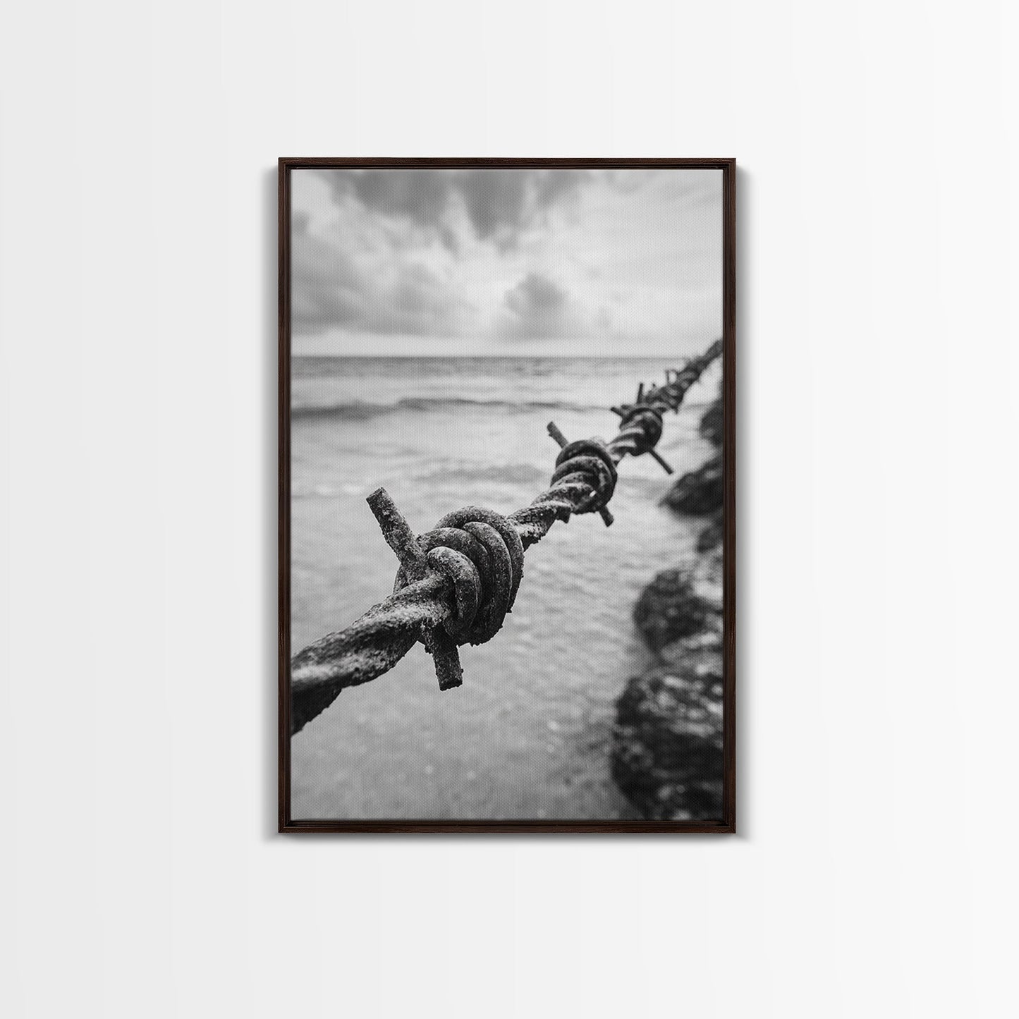 Barbed Wire, ocean view, rustic decor, coastal cowgirl wall art, wabi sabi art, moody photography, framed canvas print, minimalist art