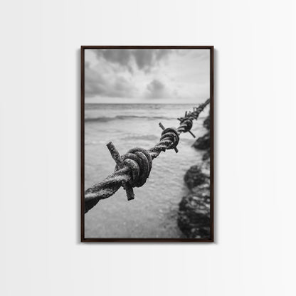 Barbed Wire, ocean view, rustic decor, coastal cowgirl wall art, wabi sabi art, moody photography, framed canvas print, minimalist art